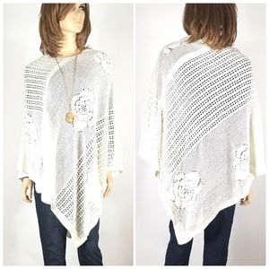 Posh Mishmosh Sweaters - Ivory Crochet Poncho Coverup Sweater Shawl OSFM Posh Mishmosh Sweaters - Ivory Crochet Poncho Coverup Sweater Shawl OSFM